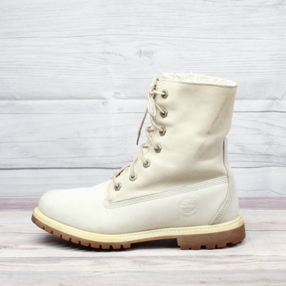 TIMBERLAND Cream Leather Shearling Lined Lace Up Winter Boots Size US 8